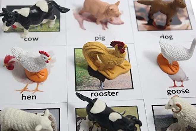 Montessori Animal Match - Miniature Farm Animal Toy Figurines with Matching Cards - 2 Part Cards. Mo...