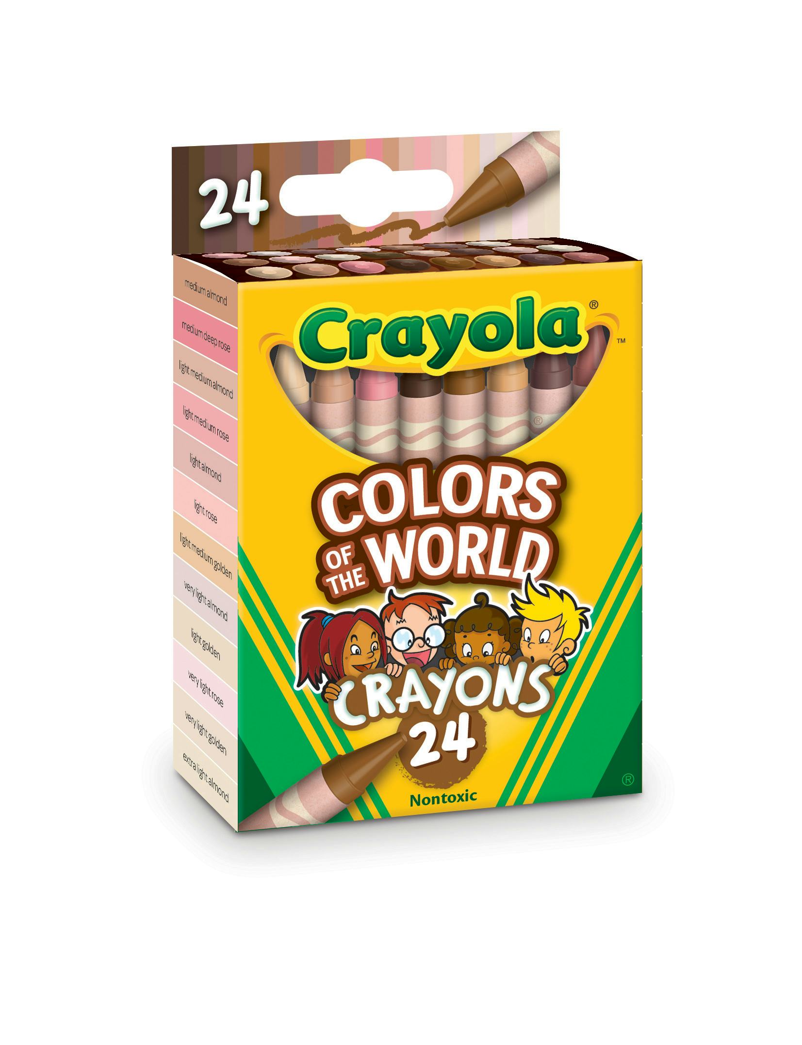 A green and yellow box of crayons that are multiple differing shades of skin color titled "Colors of...