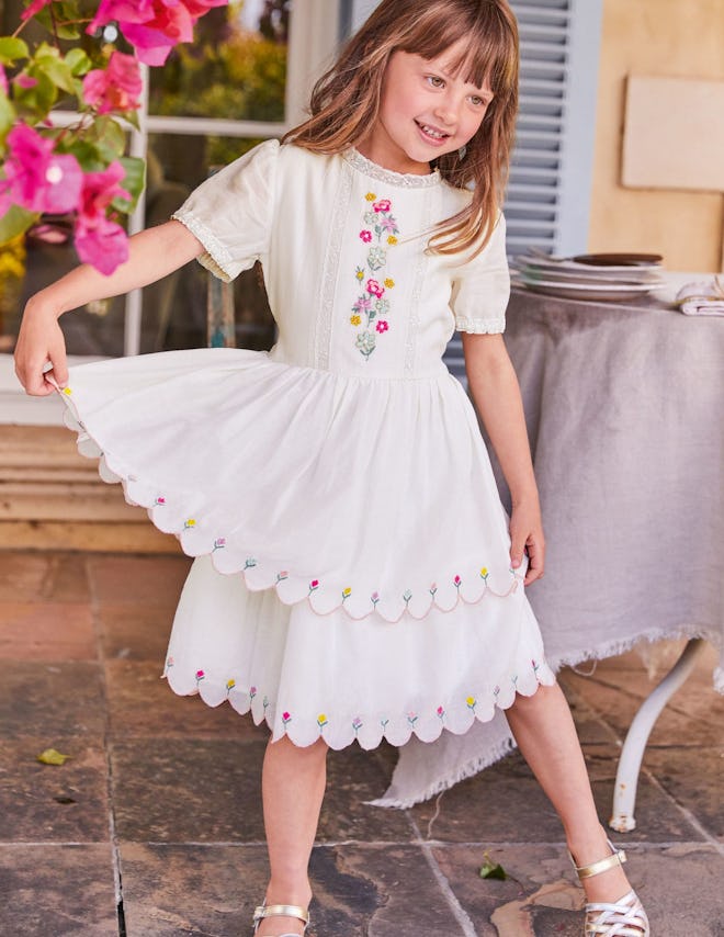 Embroidered Scallop Dress, Ivory