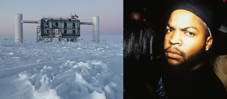 A two-part collage of an Observatory with snow around it and Ice Cube