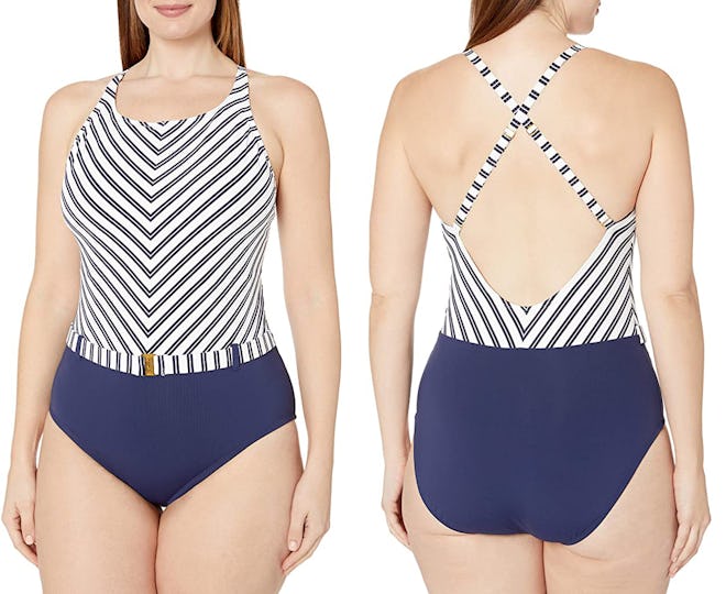 Bleu Rod Beattie Mio Plus Size Striped High Neck One-Piece Swimsuit
