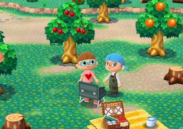 Two friends grill together on an island in 'Animal Crossing.'