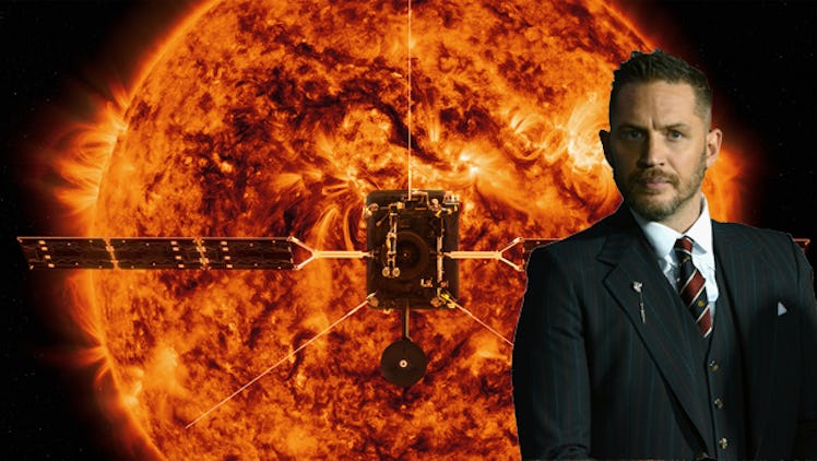 A collage with the Sun, a satellite and Tom Hardy in a suit