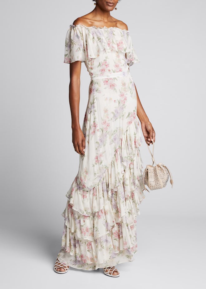 Plum Off-the-Shoulder Floral Silk Dress