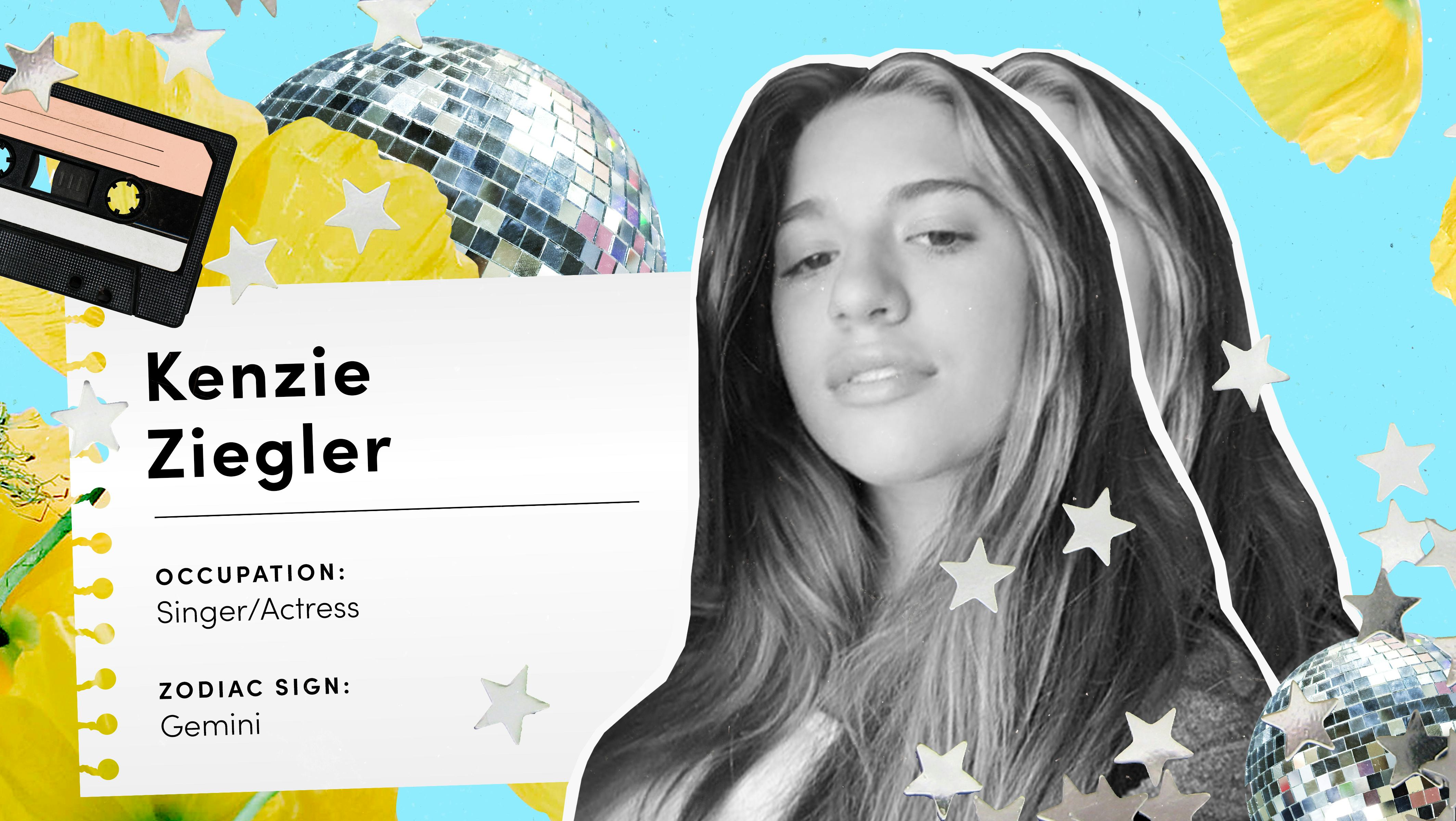 A collage with Kenzie Ziegler, her zodiac sign and occupation info on a piece of paper.
