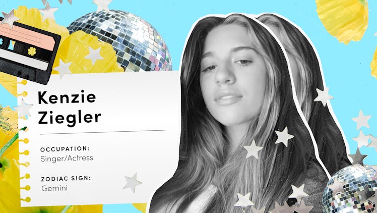 A collage with Kenzie Ziegler, her zodiac sign and occupation info on a piece of paper.