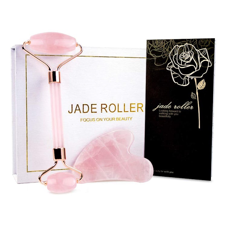 BAIMEI Jade Roller, Rose Quartz Face Roller & Gua Sha Set