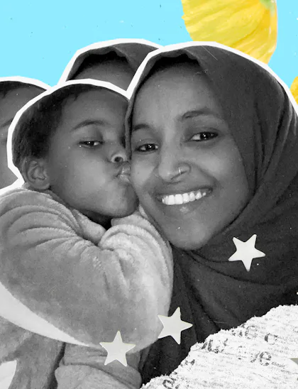 A collage with Ilhan Omar and a child kissing her, a microphone and a name card with her occupation ...
