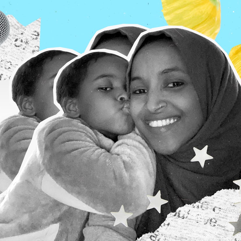 A collage with Ilhan Omar and a child kissing her, a microphone and a name card with her occupation ...