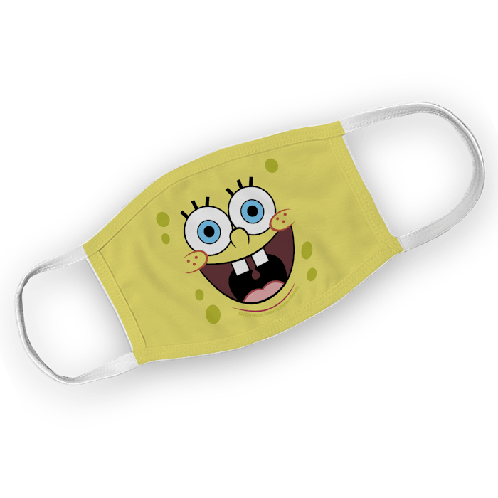 A washable yellow face mask with white ear loops with Spongebob's face screen printed on the front.