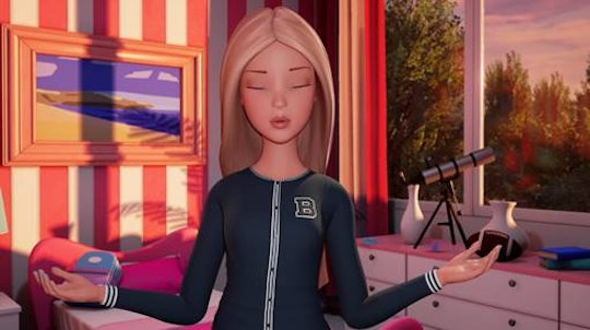 Barbie in a letterman sweater meditating in front of a pink backdrop.