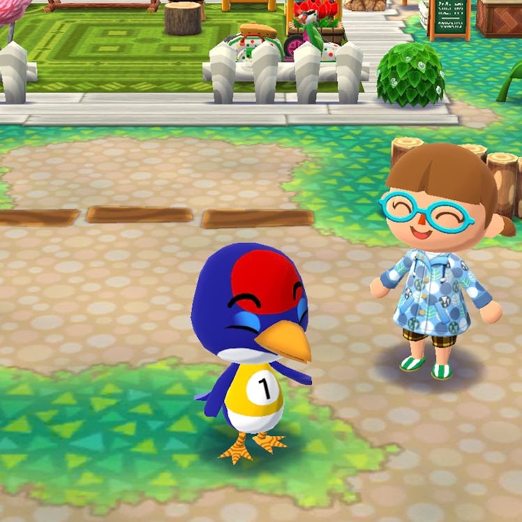 Jay from 'Animal Crossing' smiles while wearing a sporty shirt in the video game.