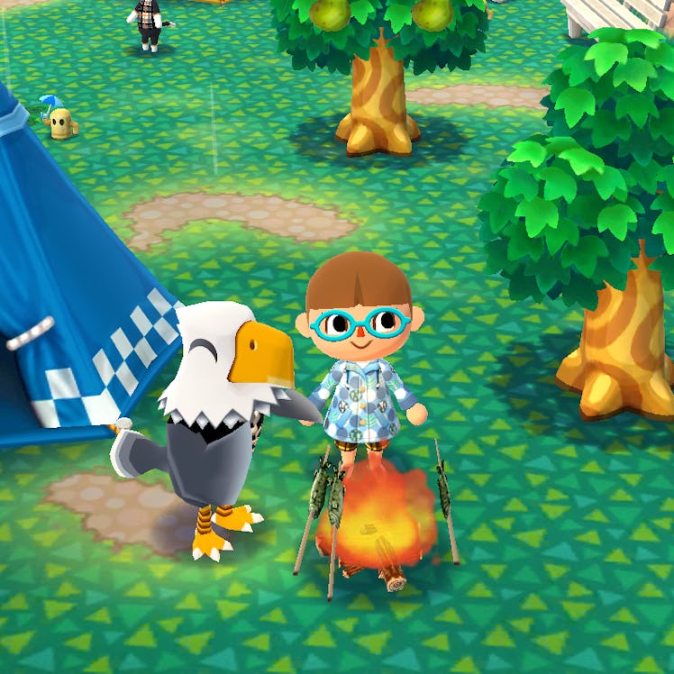 Apollo from 'Animal Crossing' hangs out near a campfire in the video game.