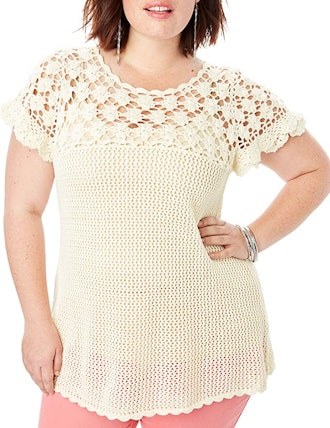 Roamans Plus Size Floral Crochet Sweater 