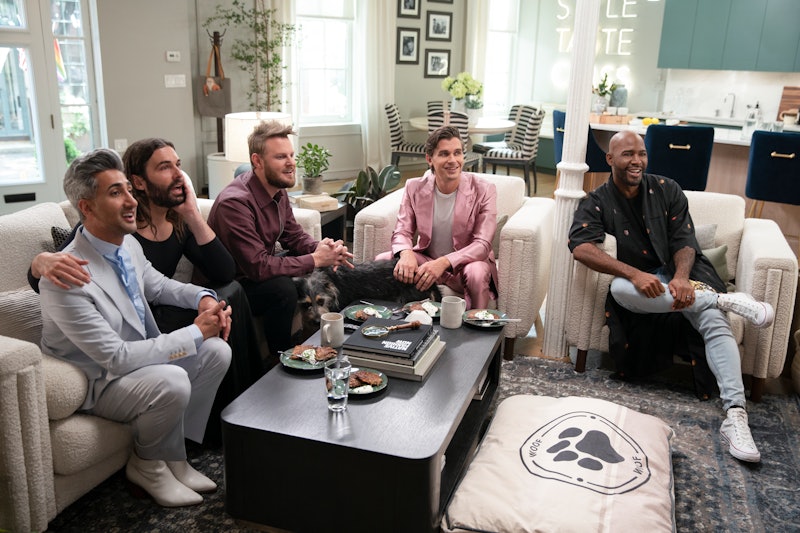 Walter the dog hangs out with the Fab Five in Queer Eye Season 5.