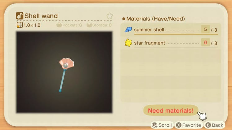 List of materials needed for shell wand in Animal Crossing: New Horizons