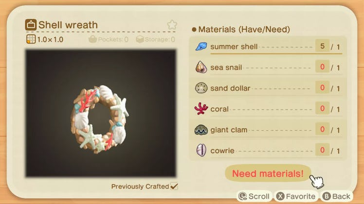 List of materials needed for shell wreath in Animal Crossing: New Horizons