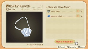 List of materials needed for shellfish pochette in Animal Crossing: New Horizons