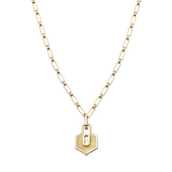 Gold Textured Padlock Chain Necklace