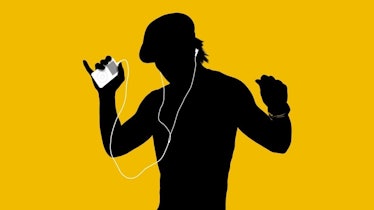 An illustration of a man who's dancing while using an iPod in black with an orange background