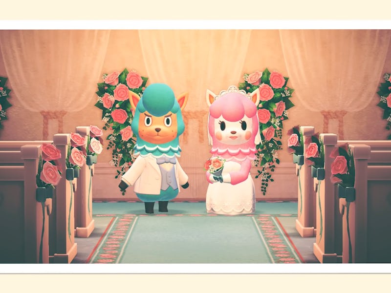 A screenshot from the wedding season in Animal Crossing