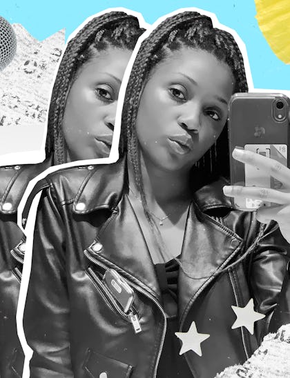 A collage of gun safety activist Nza-Ari Khepra with zodiac sign and occupation info on a piece of p...