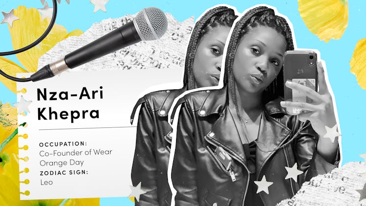 A collage of gun safety activist Nza-Ari Khepra with zodiac sign and occupation info on a piece of p...