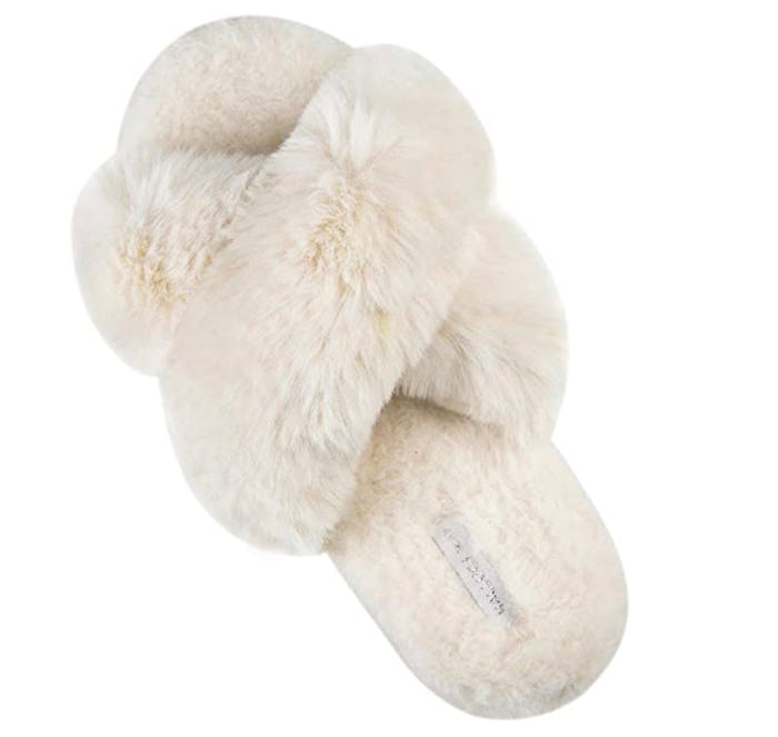 HALLUCI Women's Cross Band Soft Plush Slippers