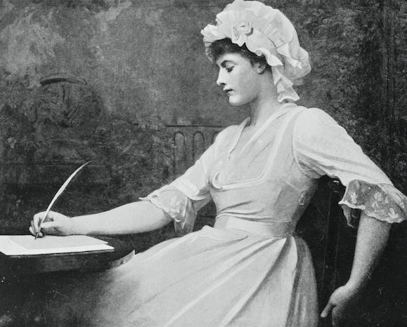 A black-white Victorian painting of a woman sitting and writing something down