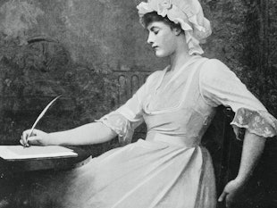 A black-white Victorian painting of a woman sitting and writing something down