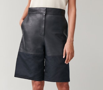 Leather Shorts With Woven Panel
