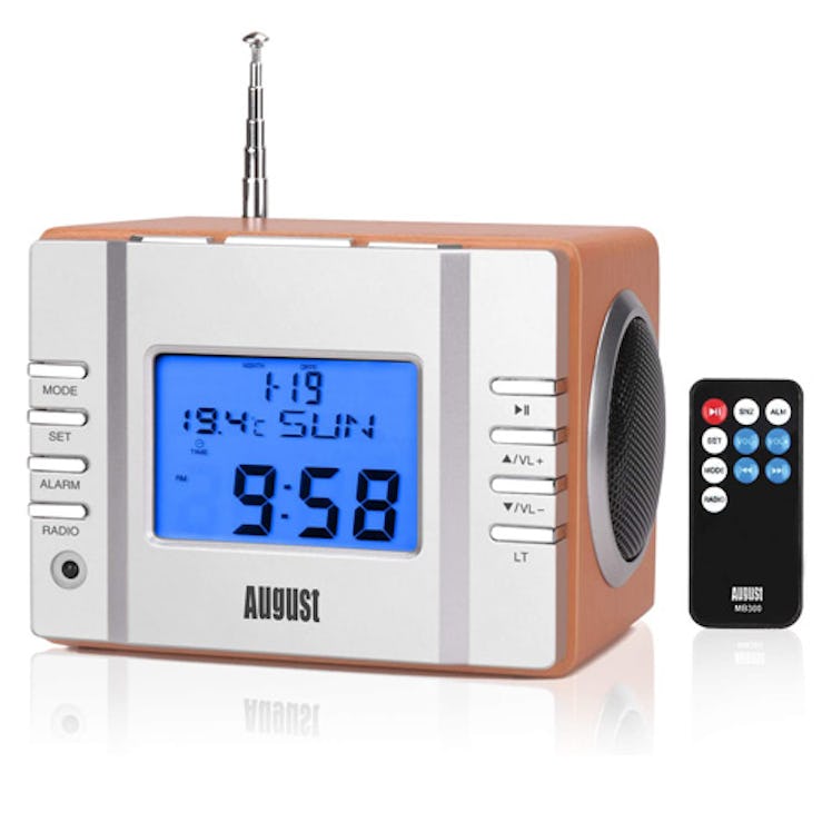 August MB300 Wooden Stereo and FM Clock Radio, with Card Reader