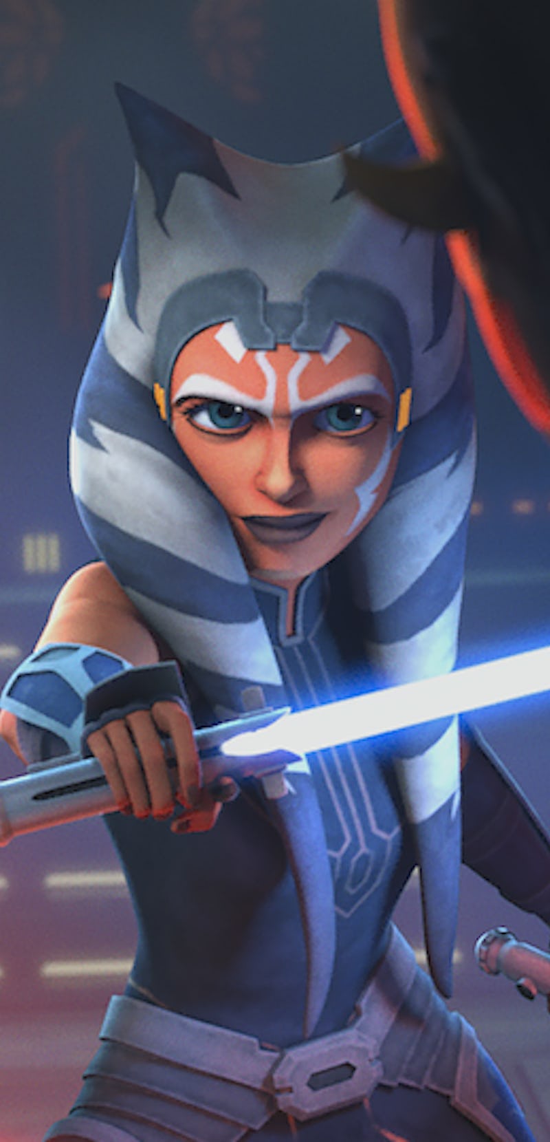 Ahsoka with a confident facial expression holding a weapon and is prepared to fight