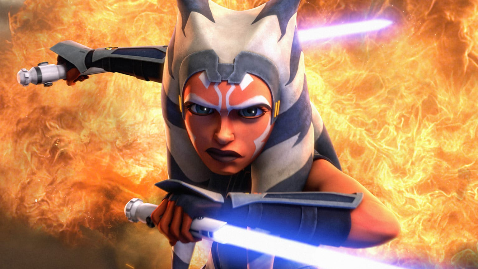 Ahsoka with an angry facial expression holding two weapons and fire-effect in the background
