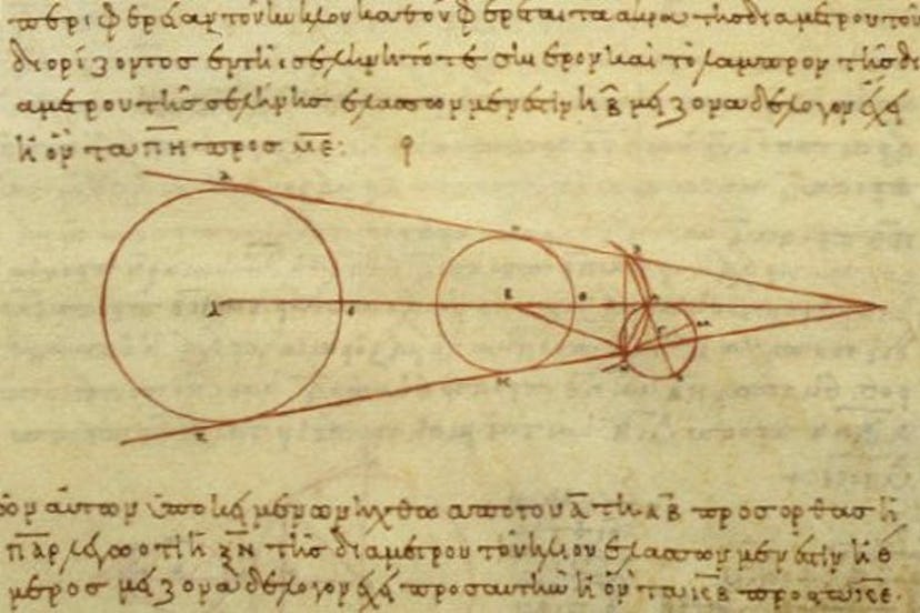 A 10th century reproduction of a diagram by Aristarchus showing some of the geometry he used in his ...