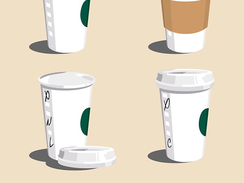 Illustration of four white Starbucks cups