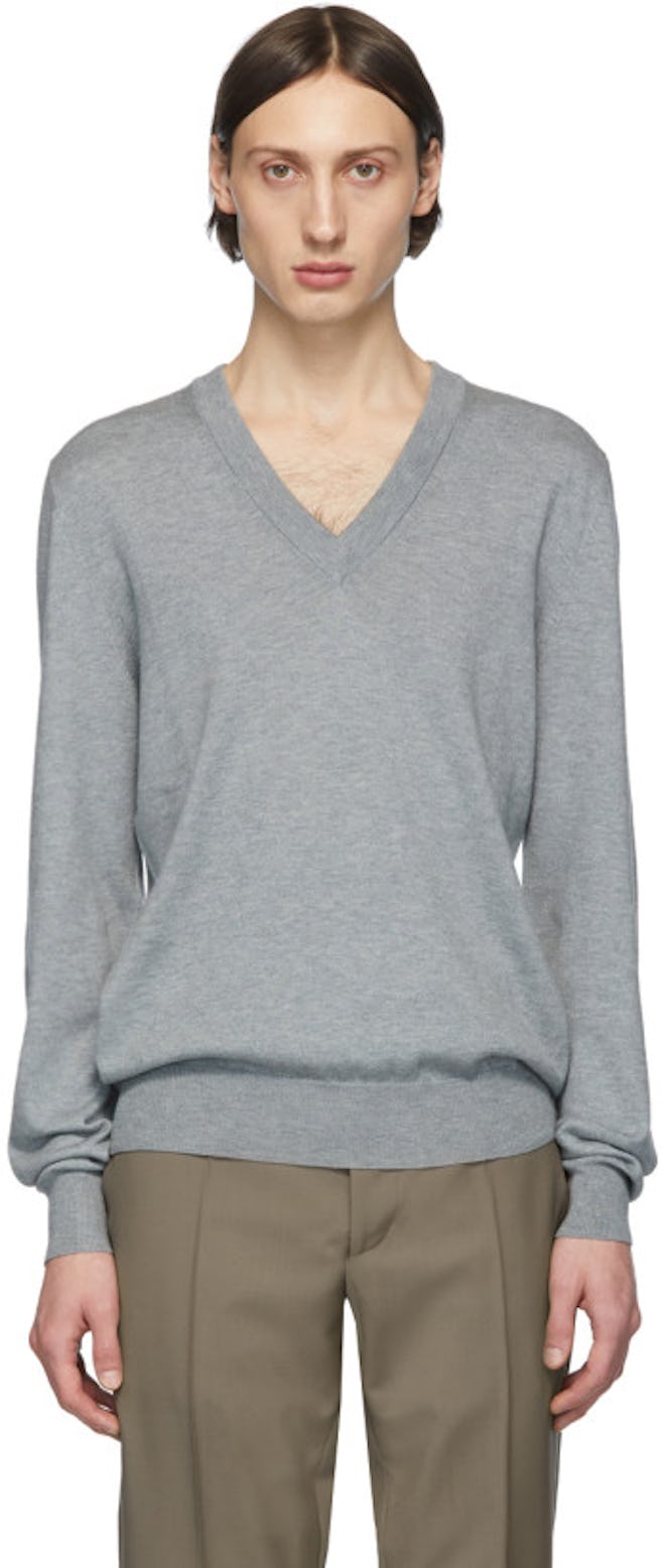 Grey Elbow Patch V-Neck Sweater
