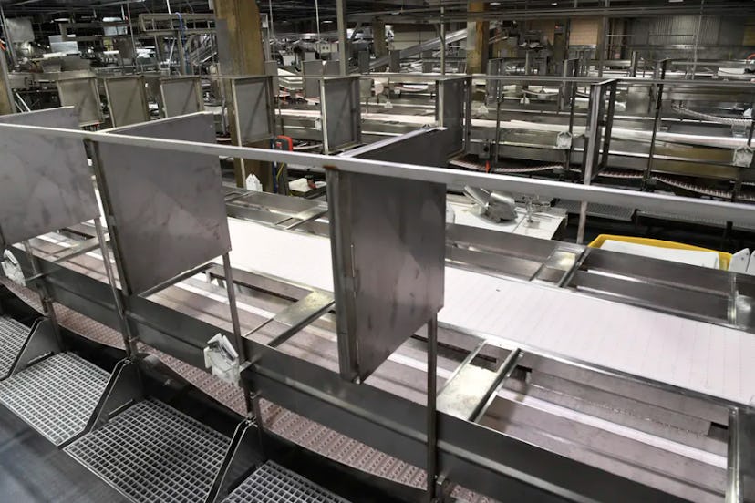 Meat processing stations at the JBS Beef Plant in Greeley, Colo., equipped with new sheet-metal part...