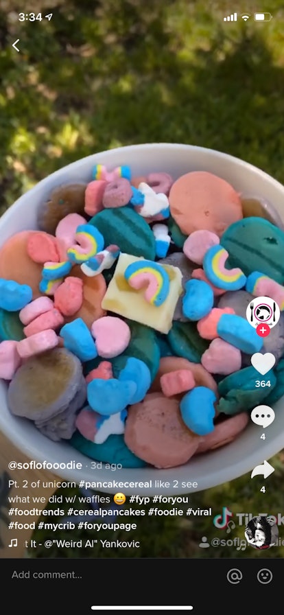 A bowl of unicorn-inspired pancake cereal is so colorful on TikTok.