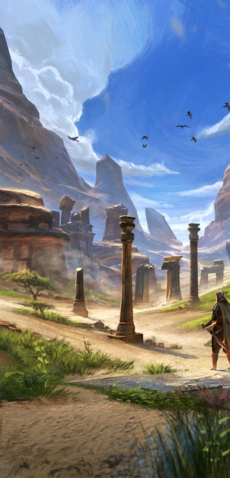 A still from a video landscape with hills and ruins from the game 'The Elder Scrolls'