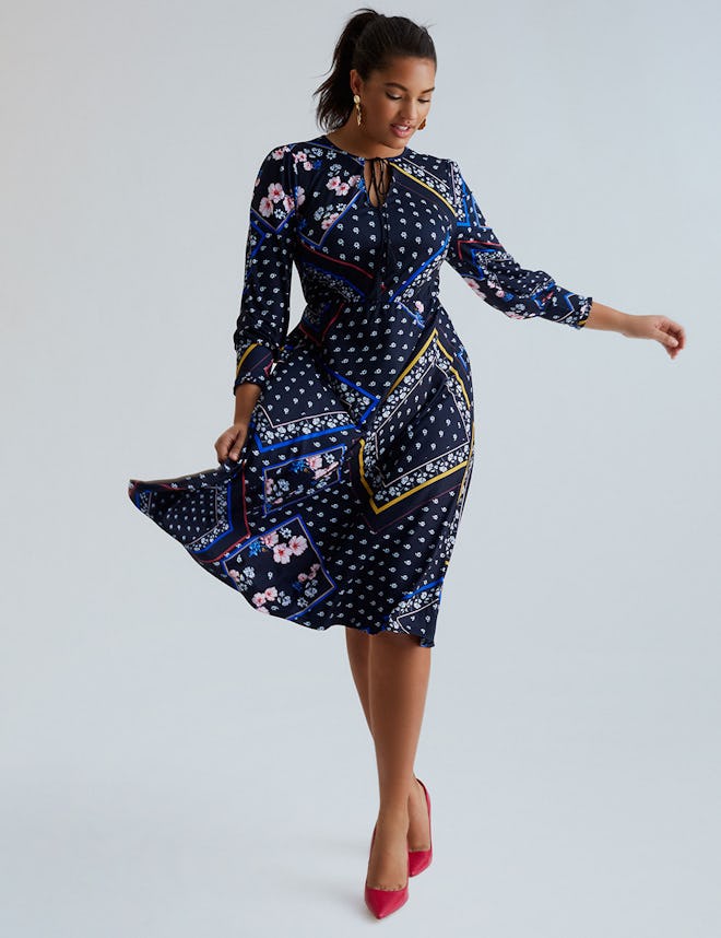 Eloquii Mixed Print Tie Neck Fit and Flare Dress