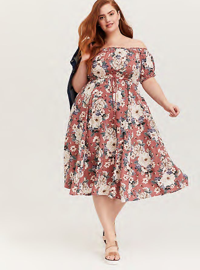 Torrid Rose Pink Floral Challis Off Shoulder Midi Dress