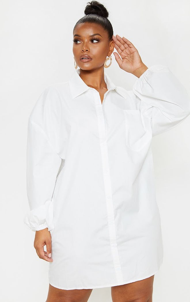 Pretty Little Things Plus White Oversized Puff Sleeve Shirt Dress