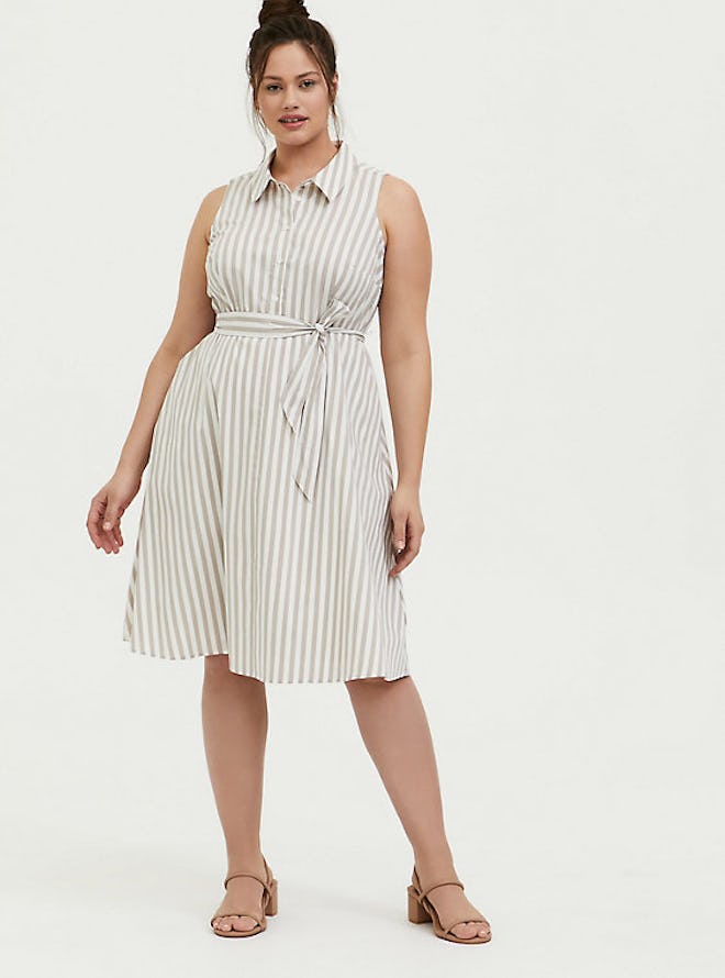Torrid Taupe & White Stripe Poplin Shirt Dress