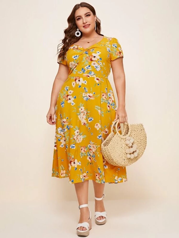 SHEIN Plus Ruched Front Sweetheart Neck Floral A-Line Dress