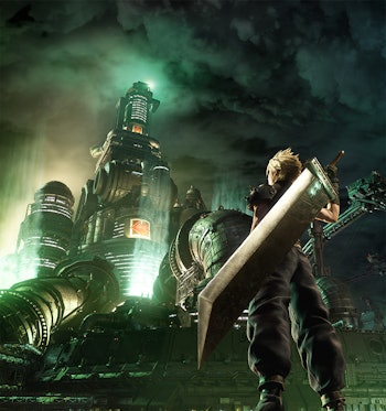Cloud gazes at the imposing headquarters of Shinra Corporation at the heart of Midgar.