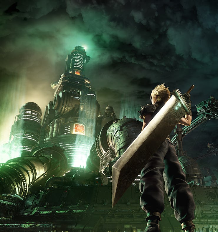 Cloud gazes at the imposing headquarters of Shinra Corporation at the heart of Midgar.