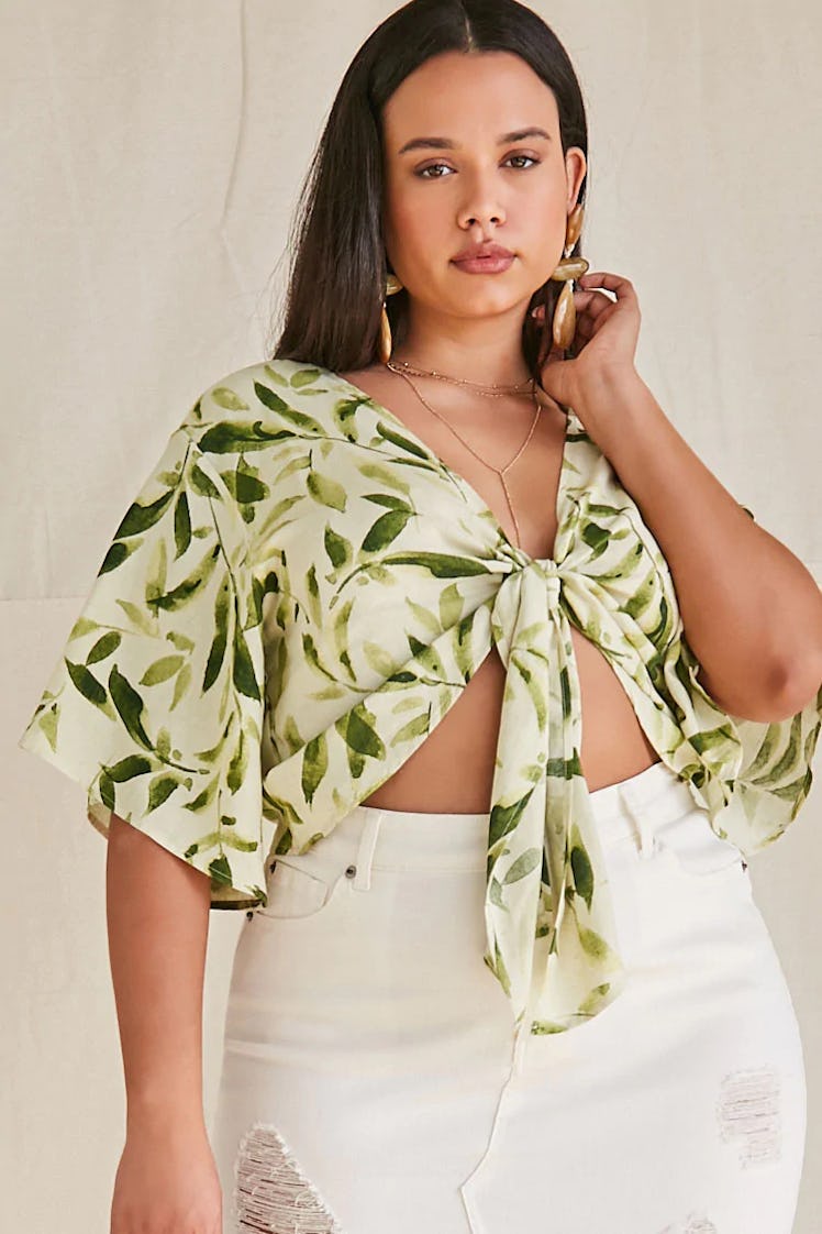 Forever 21 Plus Size Leaf Print Tie-Front Top
