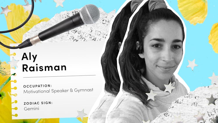 A collage of a picture of Aly Raisman with notes of her occupation and zodiac sign.