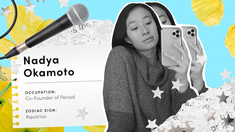 A collage of Period Activist Nadya Okamoto with a microphone and a notebook.